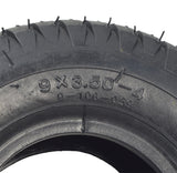 Close-up of a 9x3-1/2 (9x3.50-4) scooter tire, showcasing the detailed tread pattern, suitable for rims of 3-1/2 to 4 width, highlighting its robust and common design.