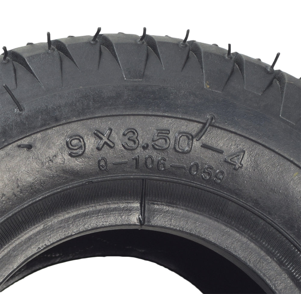 Close-up of a 9x3-1/2 (9x3.50-4) Tire for the MotoTec MT-04 Solar Electric Go-Kart, highlighting its detailed tread pattern and sturdy rubber construction.