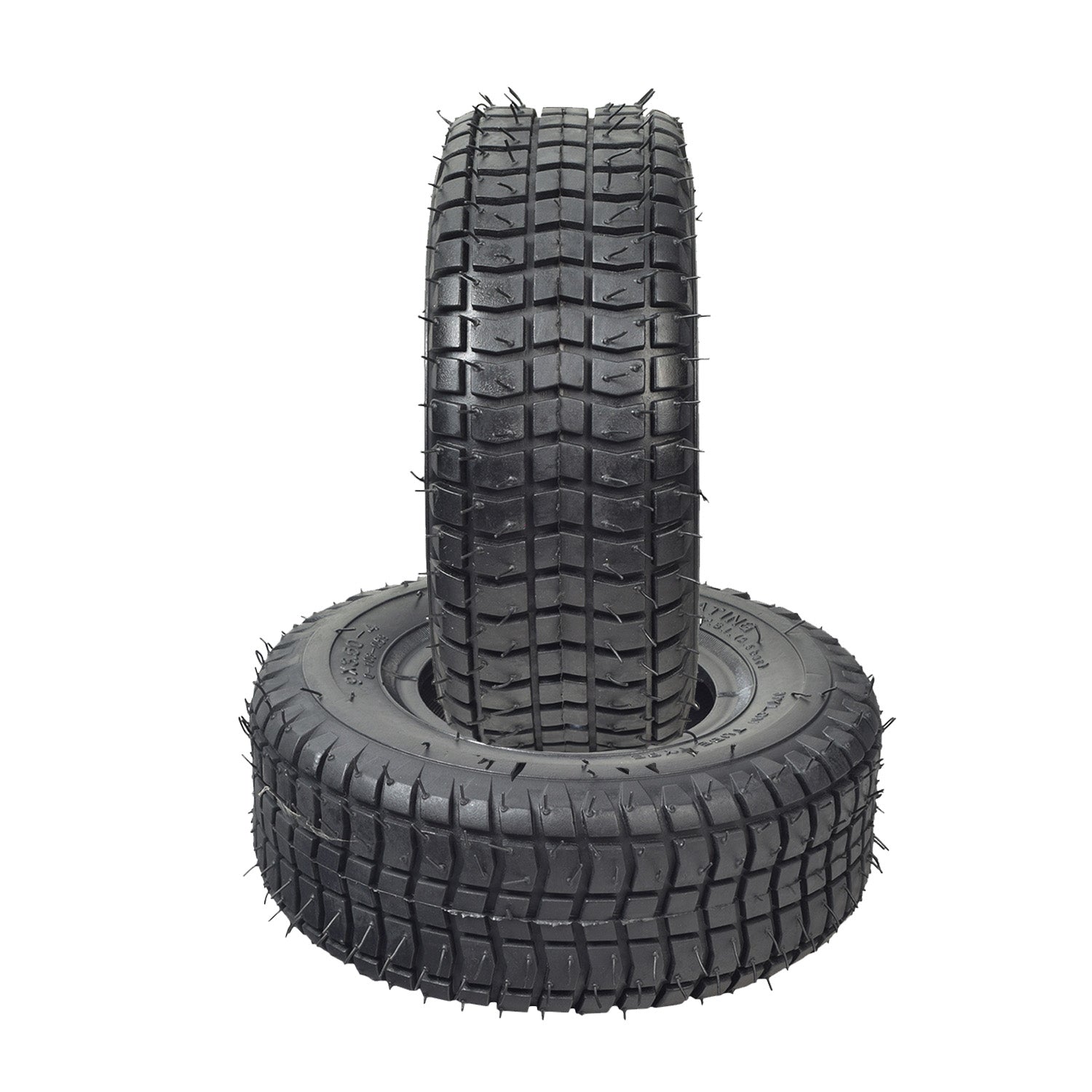 9x3-1/2 (9x3.50-4) Tire for the MotoTec MT-04 Solar Electric Go-Kart, featuring prominent spikes for enhanced traction, displayed in a close-up stack demonstrating tread and tire structure.