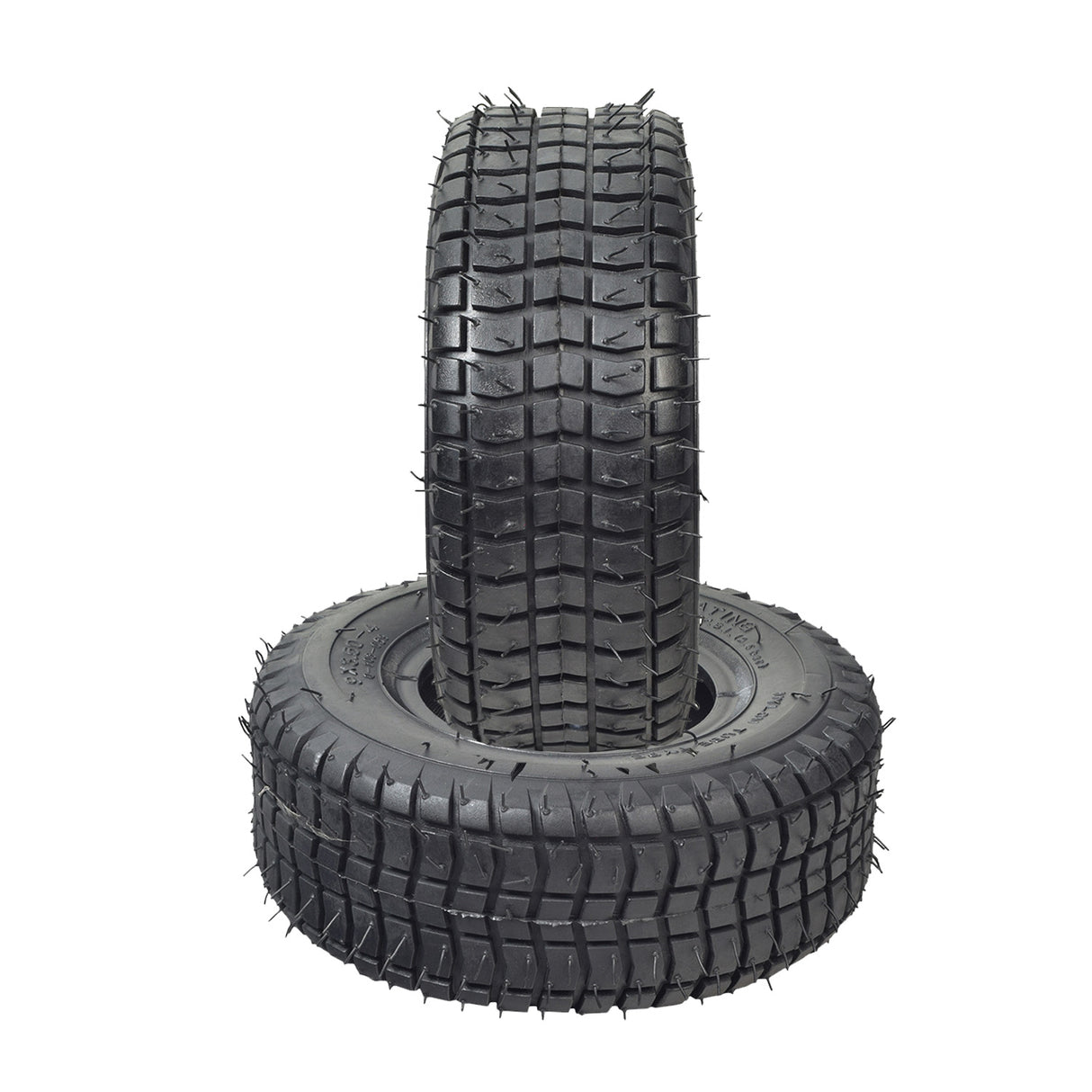 Stack of 9x3-1/2 (9x3.50-4) scooter tires featuring prominent spikes, ideal for various scooter applications and available with or without an inner tube.