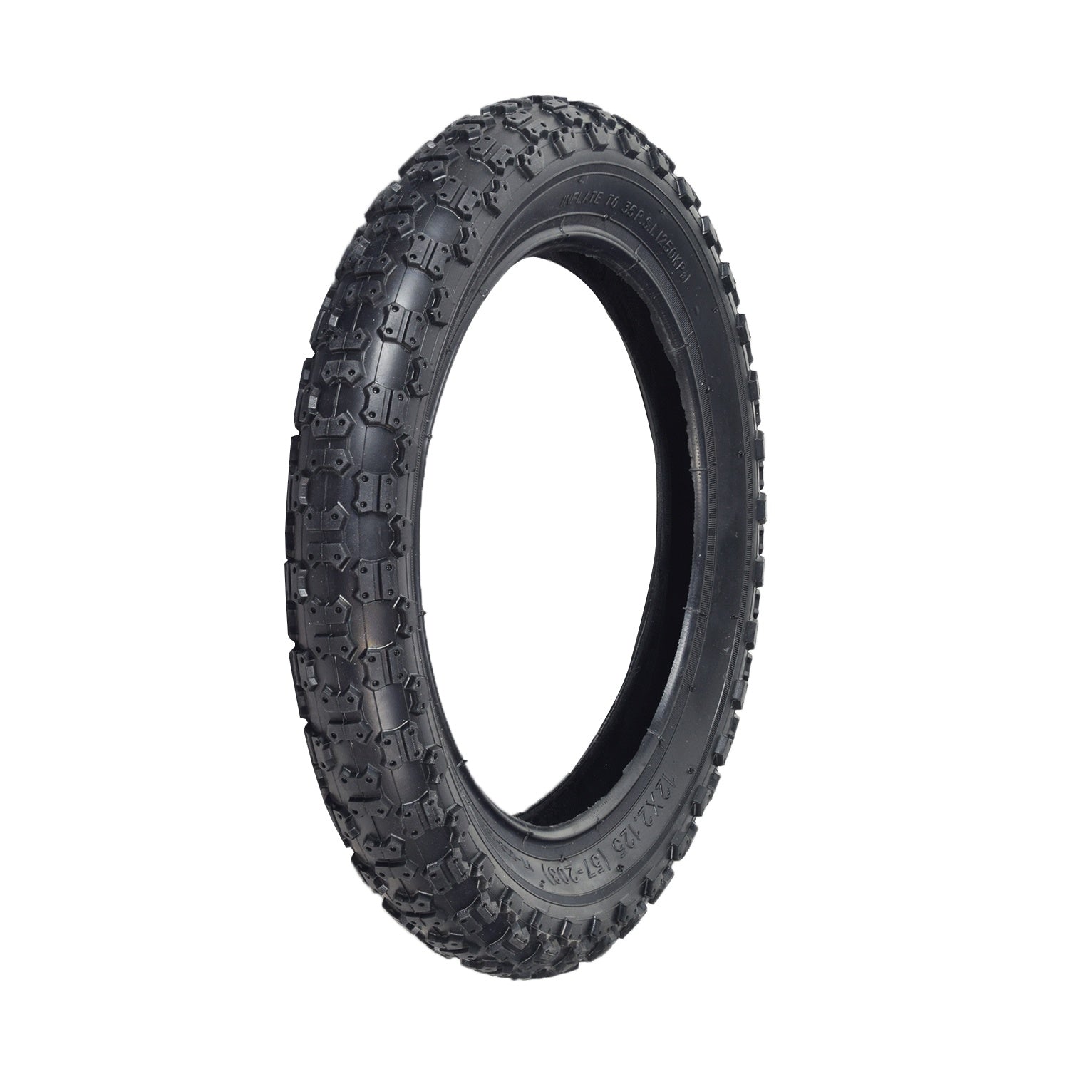 12-1/2x2-1/4 (57-203/62-203) Tire and Tube Set with Knobby Tread, showcasing a robust black tire with distinct knobby tread pattern. Suitable for various scooters.