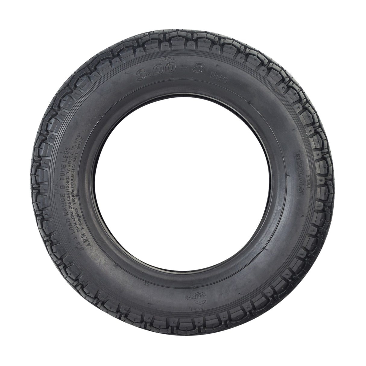 14x3 (3.00-8) Tire with QD005 Street Tread, suitable for electric, gas, mobility scooters, and power chairs. Features a rugged street tread pattern ideal for a smoother ride.