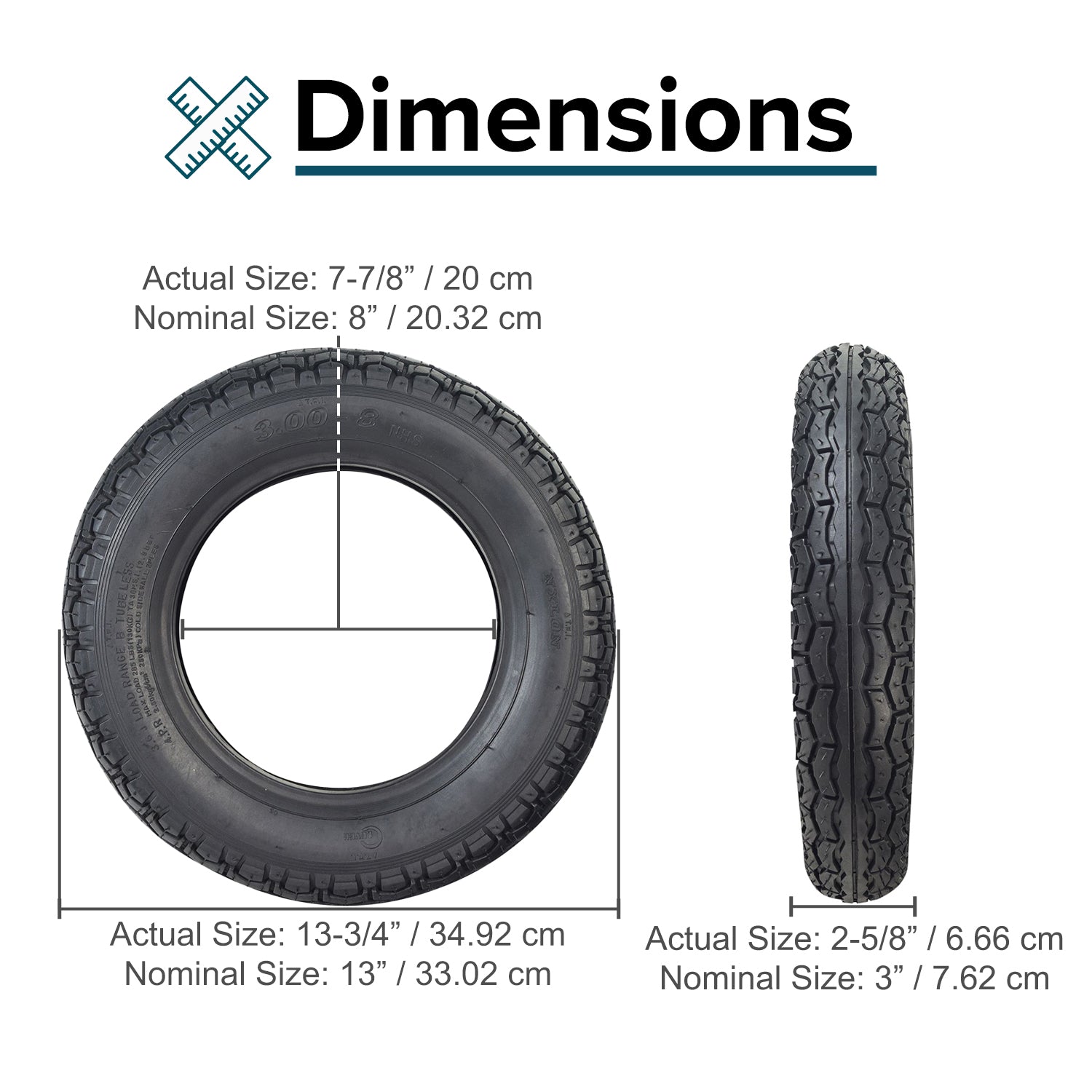 14x3 (3.00-8) QD005 street tread tire for scooters and power chairs, shown in black with detailed measurements comparison. Features a rugged, street tread pattern ideal for mobility and recreational use.