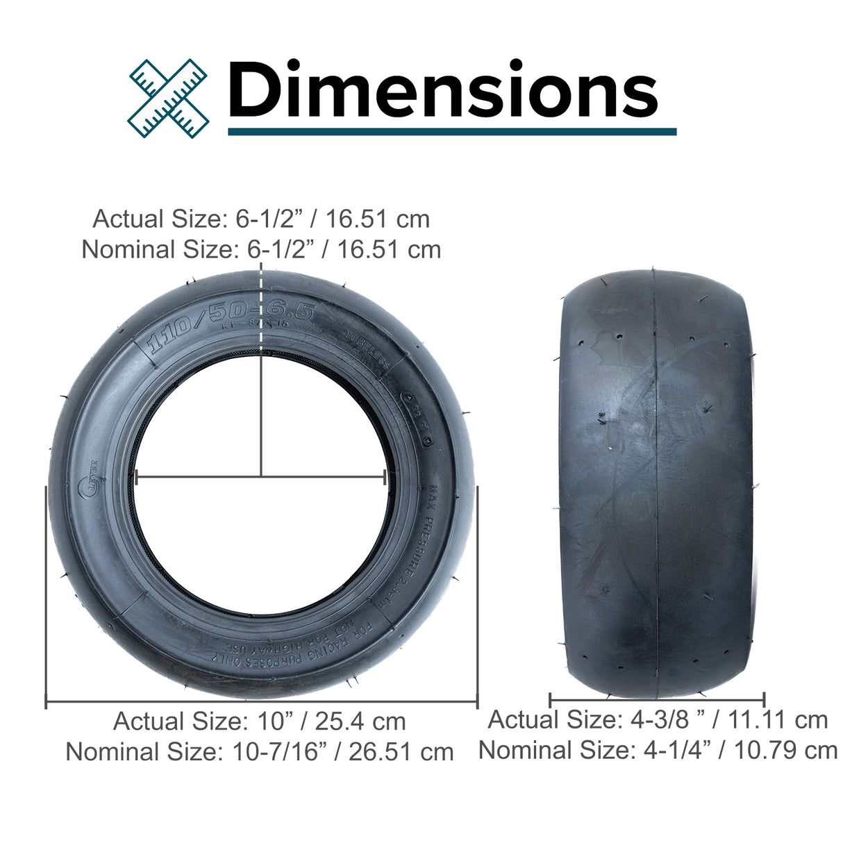 110/50-6.5 Pocket Bike Tire with KF873 Slick Tread; displayed is a black, treadless racing tire with a central hole, highlighting its tubeless pneumatic design.