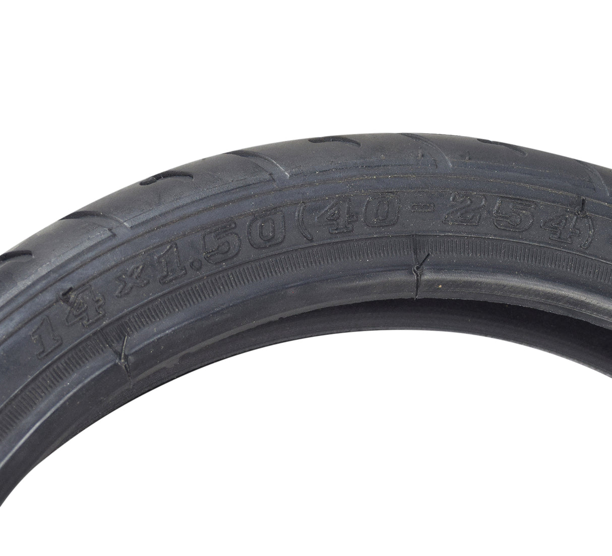 14x1.50 (40-254) Tire with Q209 Tread for the Razor Mini Chopper, showing a close-up of the shallow siped tread pattern and detailed text on the tire's sidewall.