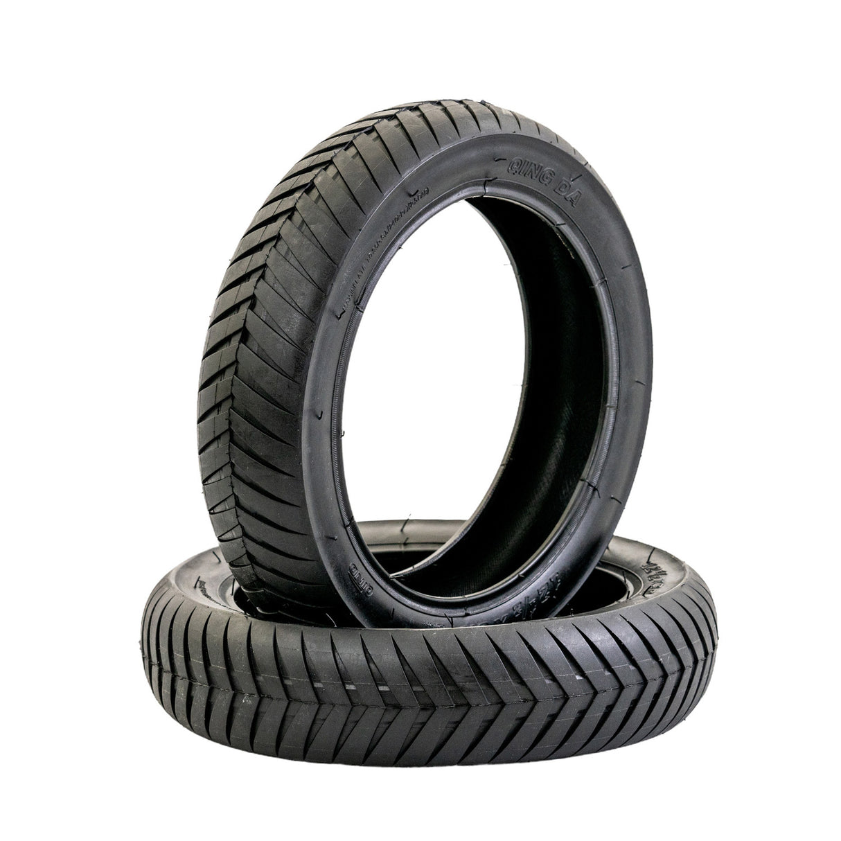 12-1/2 x 3.0 Street V-Groove Tire for Schwinn S750, featuring a close-up of two stacked black tires with a distinctive V-groove tread pattern designed for superior grip on paved surfaces.