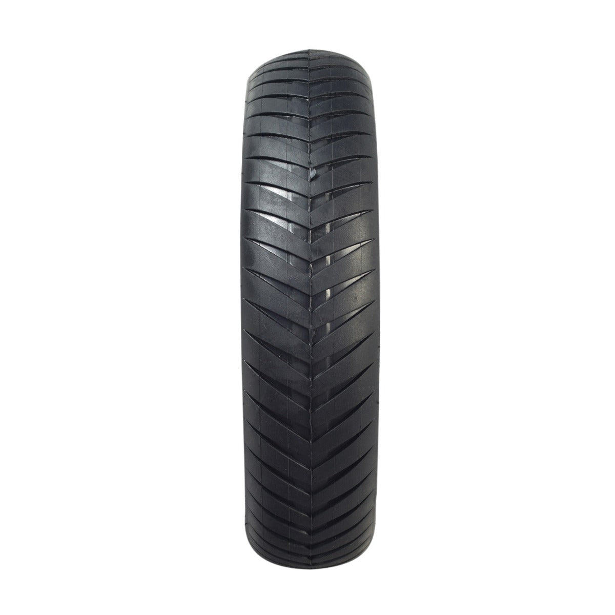 12-1/2x3.0 Tire with V-Groove Street Tread for the Schwinn S500 Scooter, showcasing a close-up of the black tire's chevron tread pattern, providing excellent grip on hard-paved surfaces.