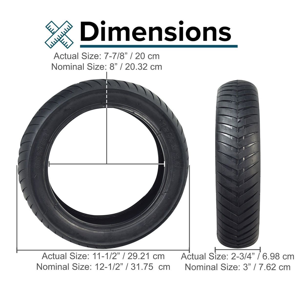 12-1/2x3.0 Tire with V-Groove Q212 Tread for Currie & Schwinn Scooters, showcasing a detailed size comparison and close-up of the V-grooved tread pattern designed for excellent grip on paved surfaces.