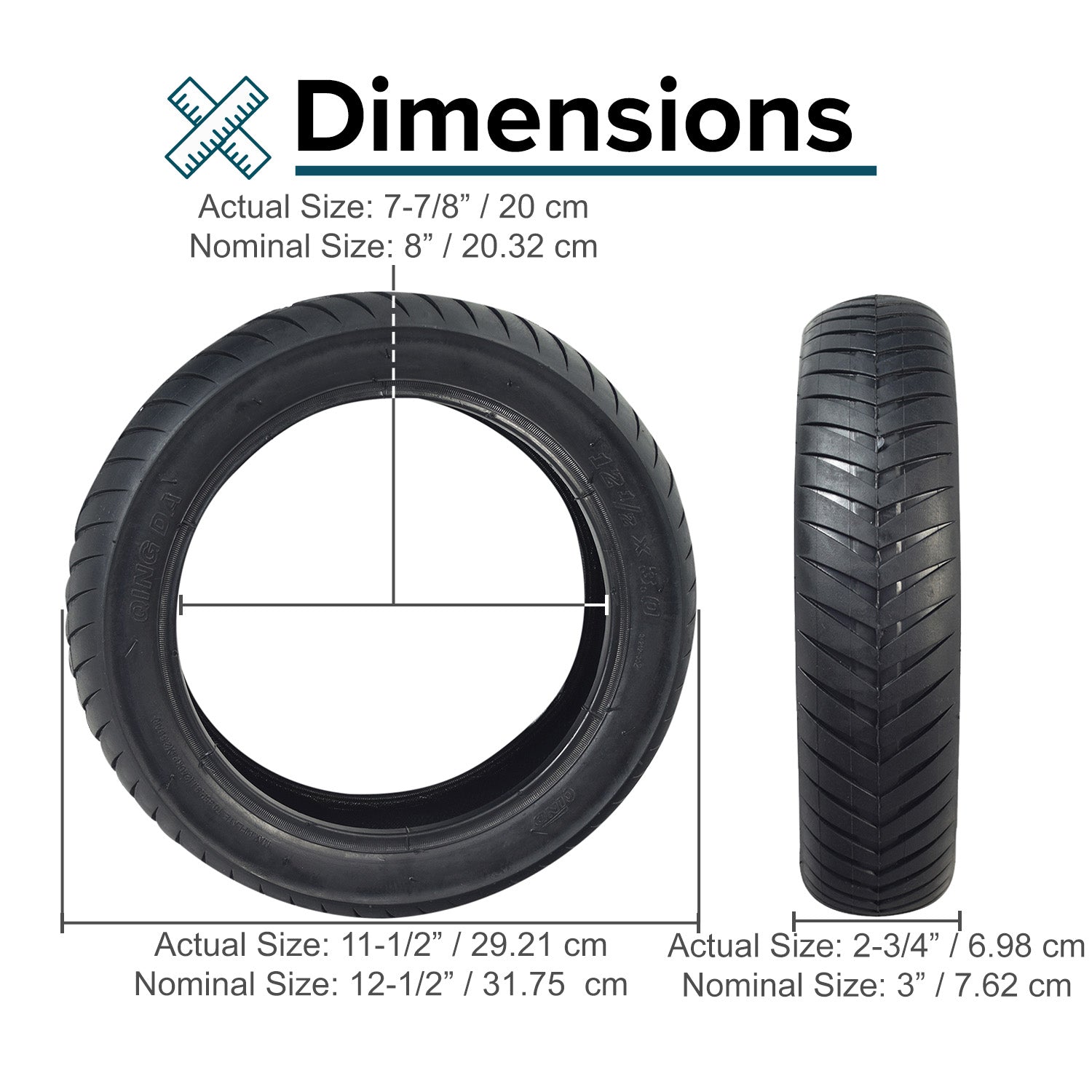 12-1/2 x 3.0 Tire with V-Groove Street Tread for the Schwinn S500 Scooter, featuring a shallow, circular tread pattern for superior grip on wet, paved surfaces, shown with measurement comparisons.