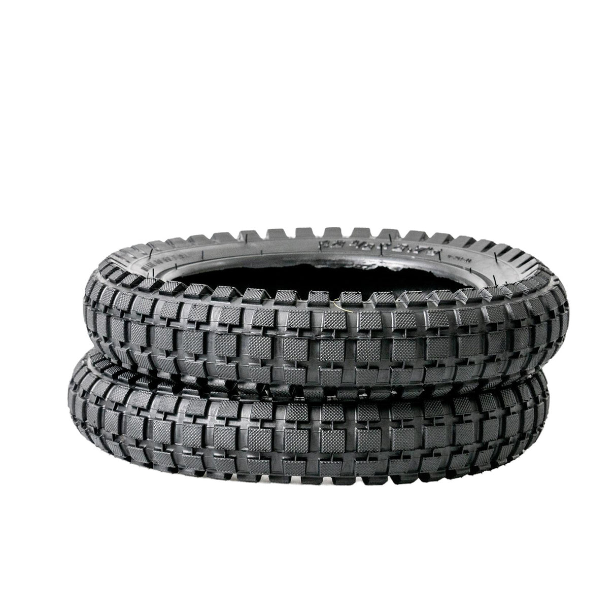 12-1/2x2.75 Dirt Bike Tire for Avigo Extreme Motorcross Bike, shown in a close-up, highlighting its knobby tread pattern designed for off-road use, stacked together with another tire.