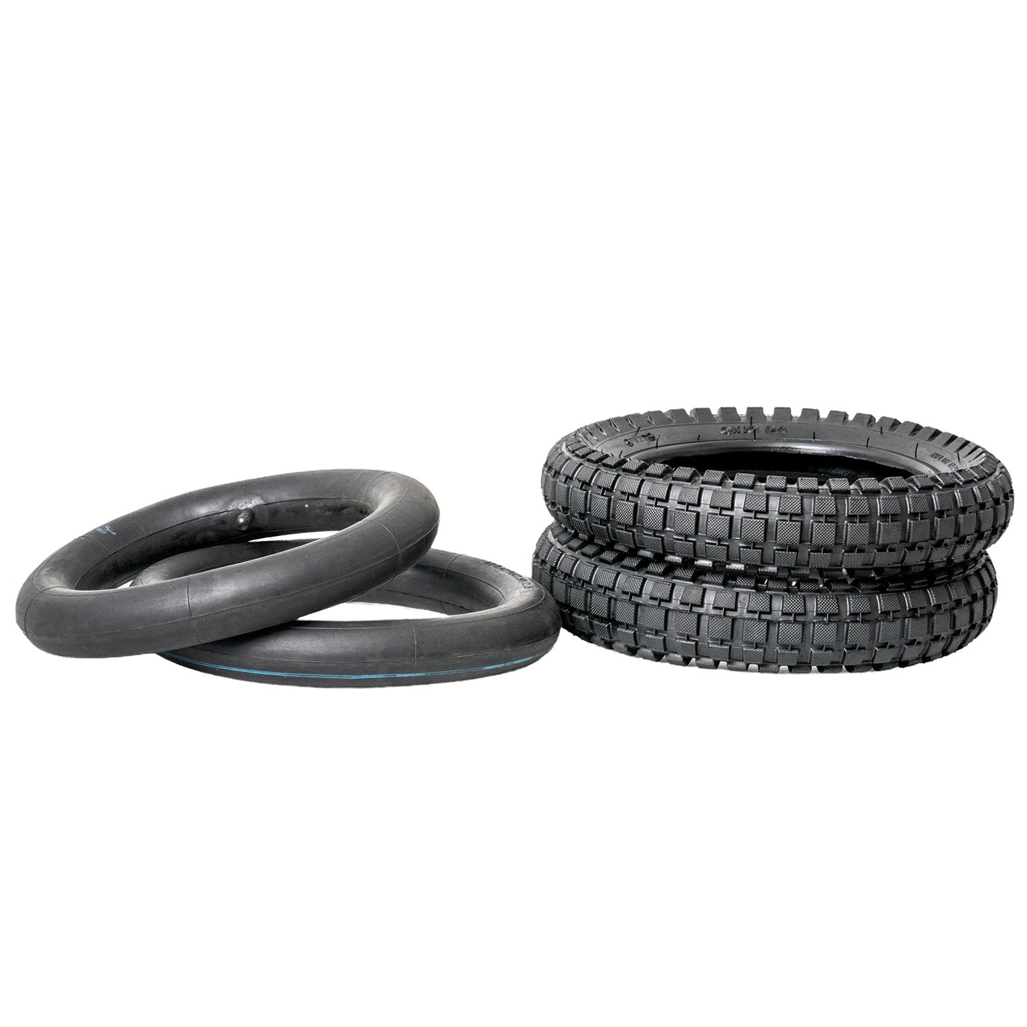 Stacked 12-1/2x2.75 tires with knobby tread for the Hyper HPR 350 Electric Motorcycle, showcasing off-road capabilities.