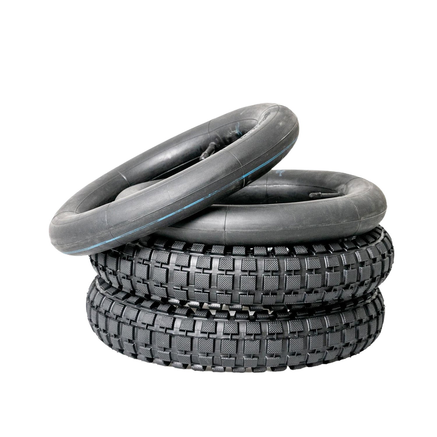 12-1/2x2.75 Dirt Bike Tire for Avigo Extreme Motorcross Bike, featuring a knobby tread pattern and blue stripe, stacked with other similar tires, suitable for off-road use and compatible with various scooters and dirt bikes.