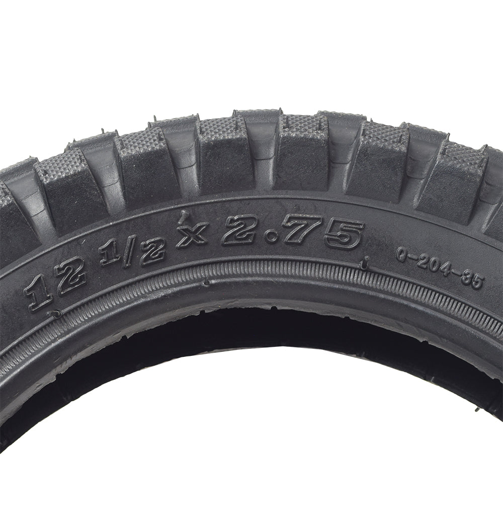 12-1/2x2.75 Dirt Bike Tire with KF824 Knobby Tread for Razor MX350 & MX400 Dirt Bikes, featuring a close-up view of its robust tread pattern and various markings.