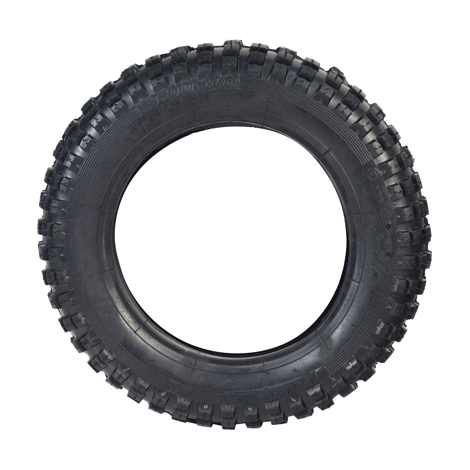 Black 3.00-10 knobby tread tire for 49cc, 50cc, and 70cc dirt bikes. Ideal for mini dirt bikes from brands like Coolster, Baja Motorsports, Honda, and Yamaha.