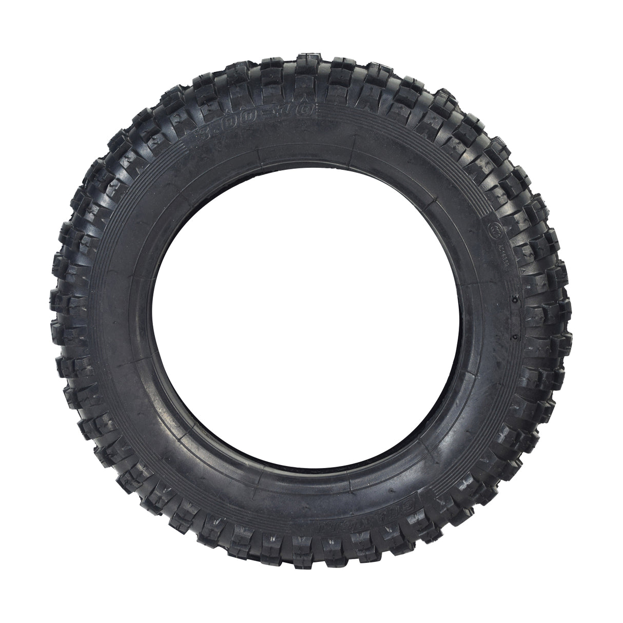 Black 3.00-10 knobby tread tire for 49cc, 50cc, and 70cc dirt bikes. Ideal for mini dirt bikes from brands like Coolster, Baja Motorsports, Honda, and Yamaha.