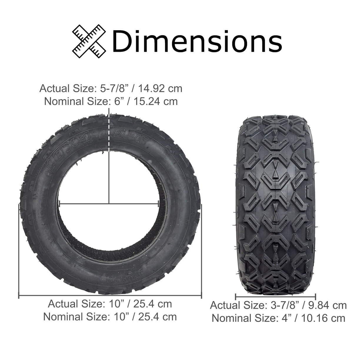 10x4.00-6 Minimoto ATV Tire with Q127 Tread, featuring a close-up of the black tire with visible tread pattern and central hole, ideal for replacing in pairs.