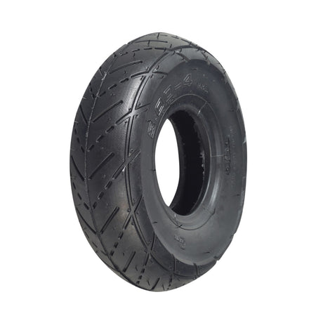 3.00-4 (10x3, 260x85) Tire for RocknRoller® Multi-Cart® R10 & R12, showcasing a durable black tire with detailed tread and a central hole, suitable for carts and scooters.