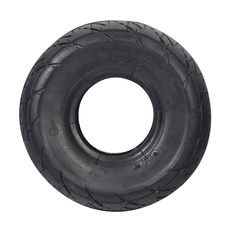 3.00-4 (10x3, 260x85) Scooter Tire with Q107 Tread, featuring a circular pattern and a white circle in the center, suitable for various electric and gas scooters, and utility equipment.