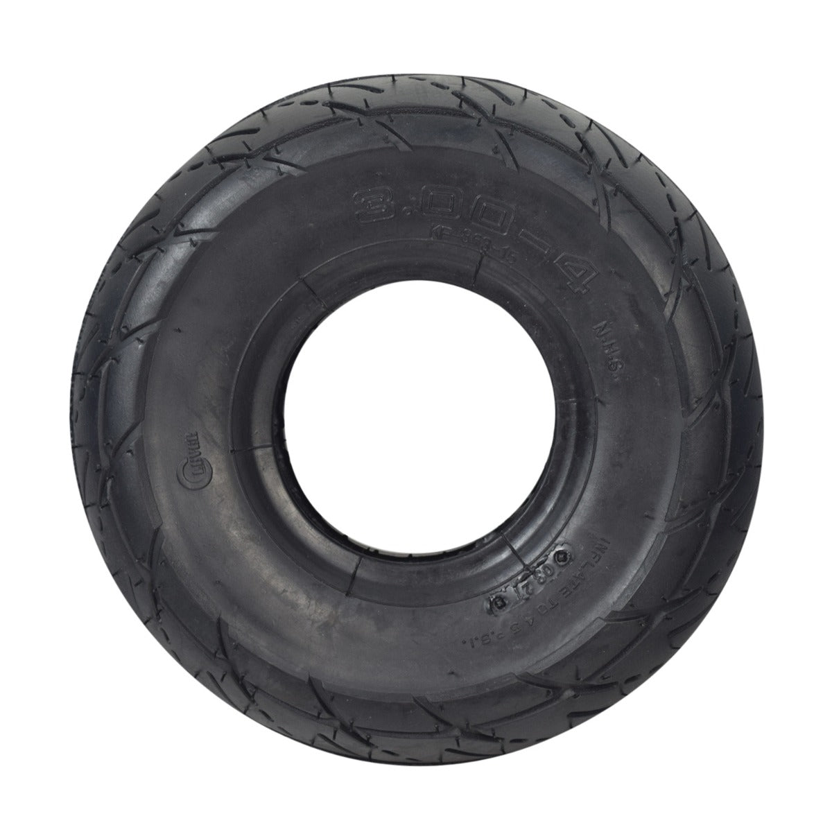 3.00-4 (10x3, 260x85) Tire for Razor E300 Scooter (Versions 1-40) featuring a black tire with a circular tread pattern and a white center.