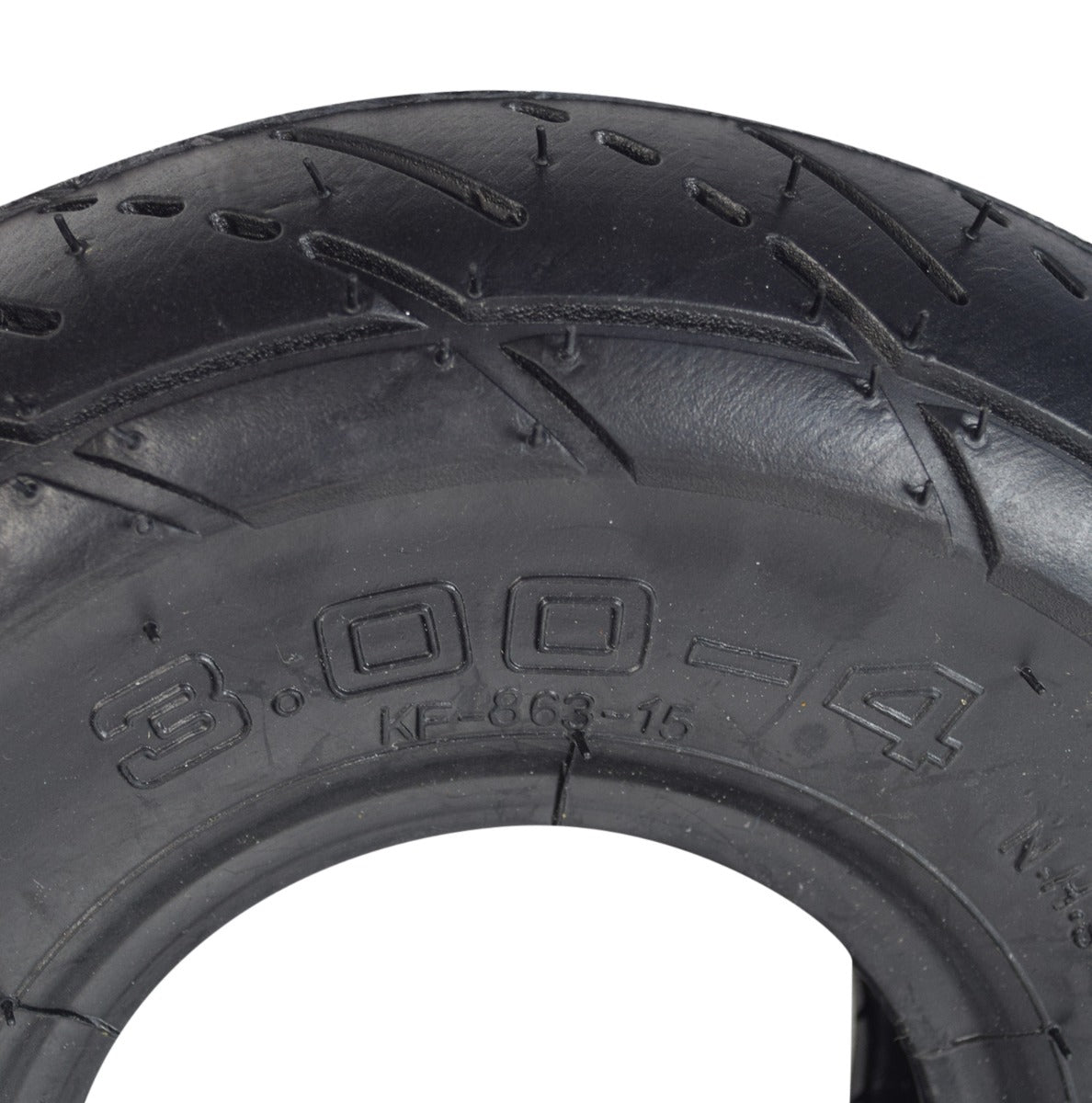 Close-up of a 3.00-4 (10x3, 260x85) Scooter Tire with Q107 Tread, showing detailed rubber tread pattern and robust build for electric and gas scooters.