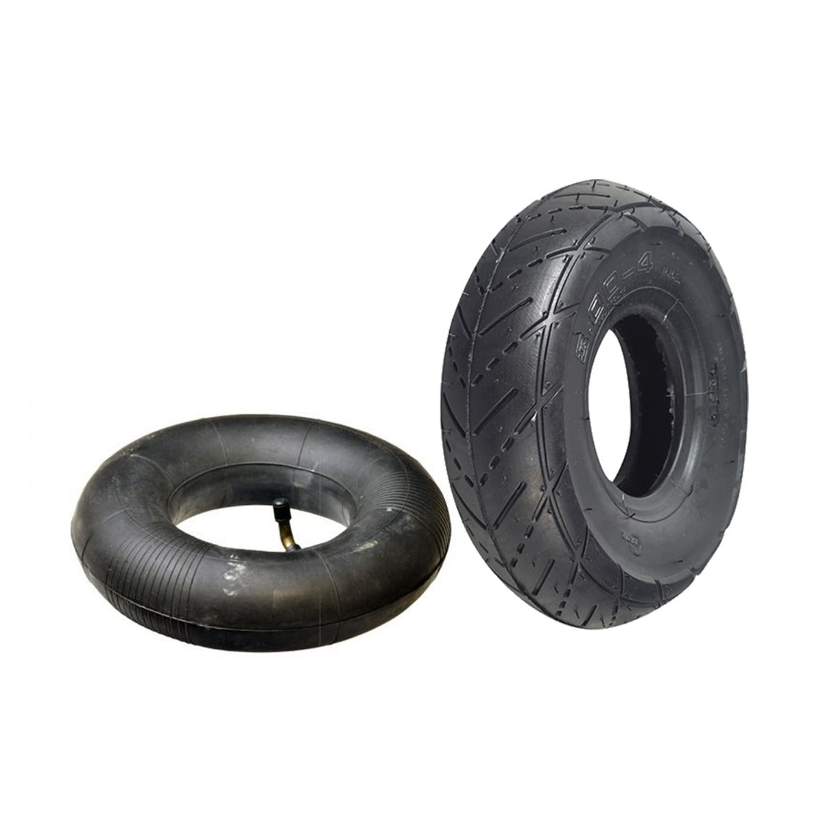 10x3.50-4 (3.00-4) Minimoto Sport Racer Tire, shown close-up with detailed tread pattern and optional inner tube featuring a 90-degree angled valve stem, suitable for various scooters and utility equipment.