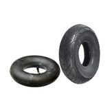 3.00-4 (10x3, 260x85) Scooter Tire with Q107 Tread, displayed with an optional inner tube featuring a 90-degree angled valve stem. Suitable for electric/gas scooters and utility equipment.