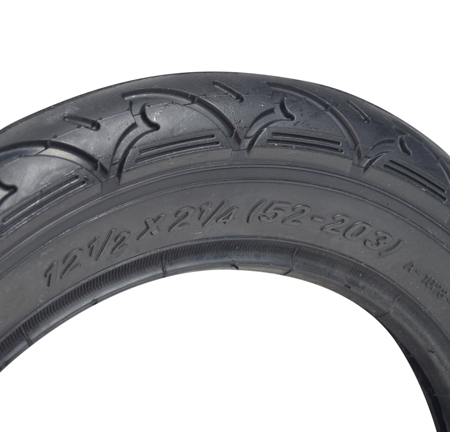 Close-up of a 12-1/2x2-1/4 (57-203/62-203) scooter tire showcasing its detailed Q203 tread pattern designed for extra traction, commonly used in various electric scooter models.