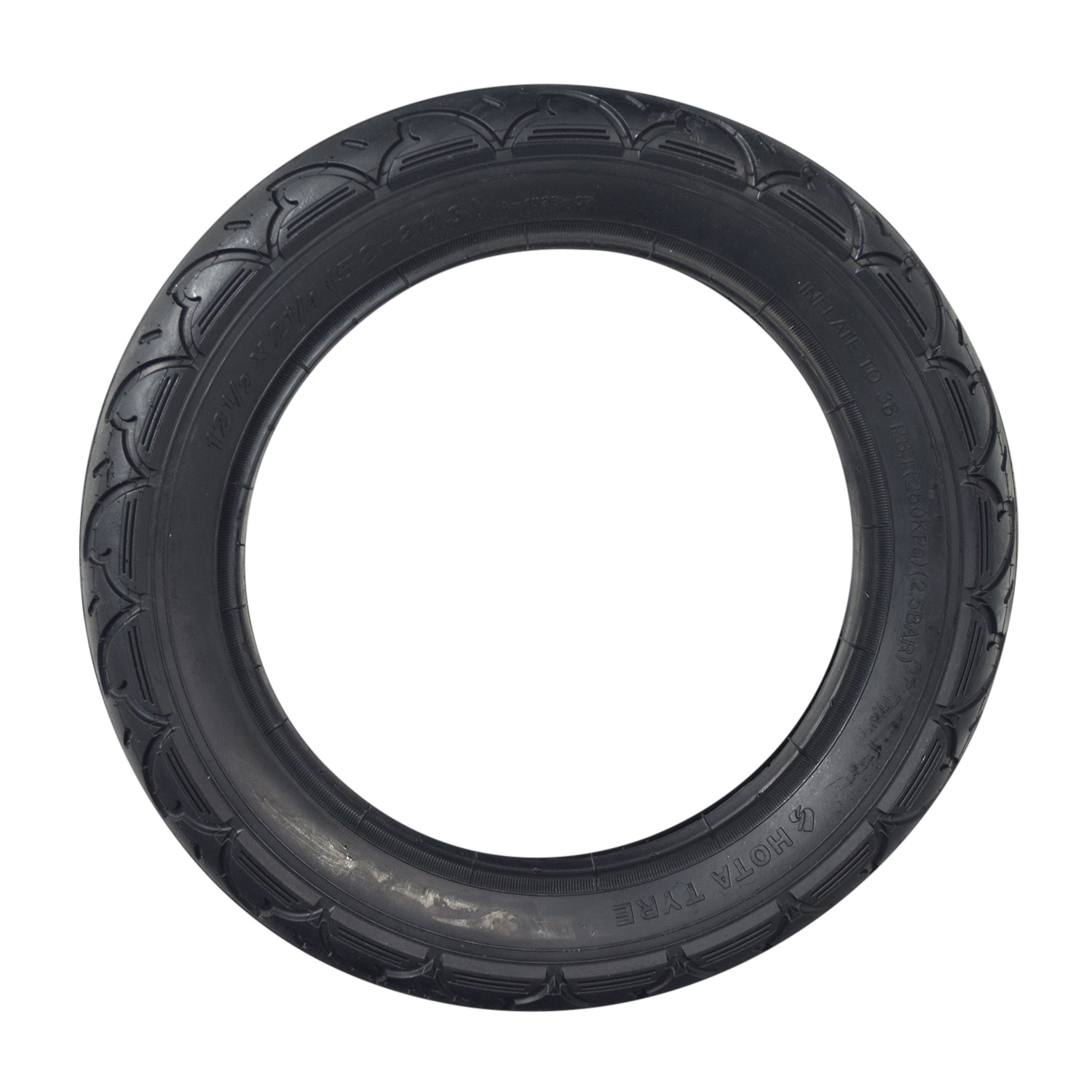 12-1/2x2-1/4 (57-203/62-203) Scooter Tire with Q203 Tread, featuring radiating grooves for enhanced traction, commonly found on numerous electric scooter models.