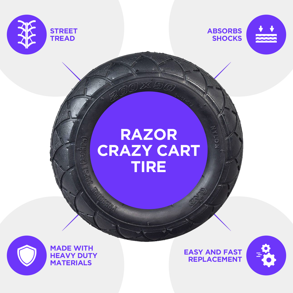 200x50 (8x2) Scooter Tire for Razor E275, featuring a black tread pattern for superior pavement grip, ideal for electric scooters. Optionally available with a matching inner tube.