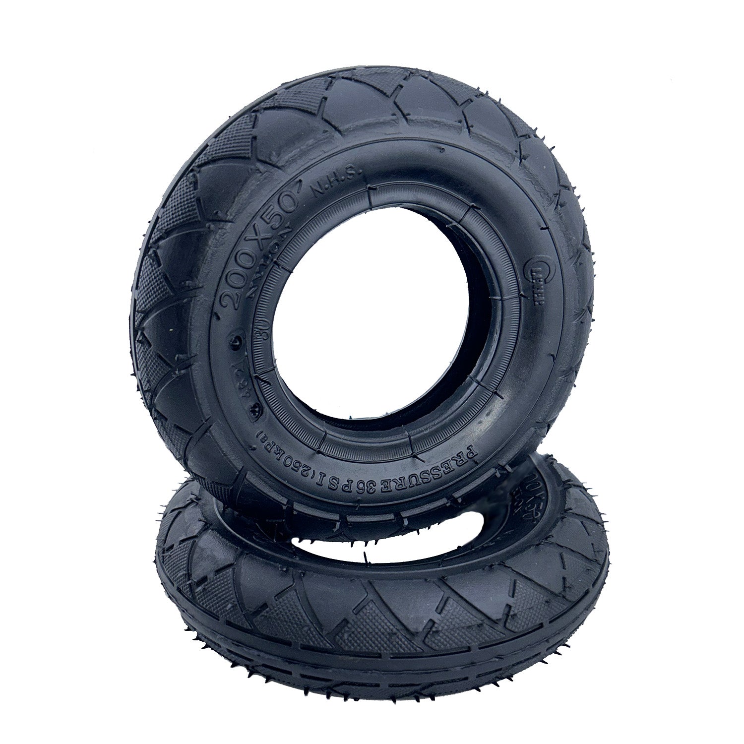 200x50 (8x2) Scooter Tire for Razor E275, featuring a close-up of the black tread pattern designed for optimal pavement grip, ideal for replacing worn-out tires on electric scooters.