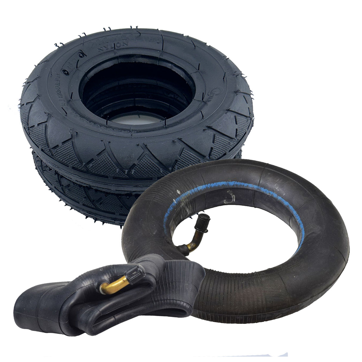 200x50 (8x2) Scooter Tire for Razor E275 with a distinctive tread pattern, includes an optional inner tube with a 45-degree angled valve stem for easy inflation.