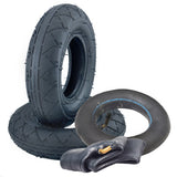 200x50 (8x2) Scooter Tire for Razor E275, featuring a detailed tread pattern for superior pavement grip, shown with optional inner tube and 45-degree angled valve stem for easy inflation.