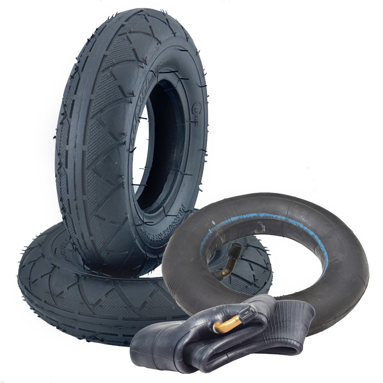 200x50 (8x2) Scooter Tire with Q104 Tread, featuring a black tire and optional heavy-duty, puncture-resistant inner tube with angled valve stem, suitable for various recreational scooters.