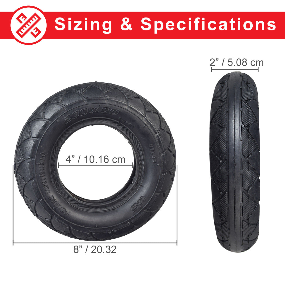 200x50 (8x2) Scooter Tire & Inner Tube Set displayed with a visible tread pattern, measurements, and comparison details, highlighting a complete tire and inner tube combination for scooters.