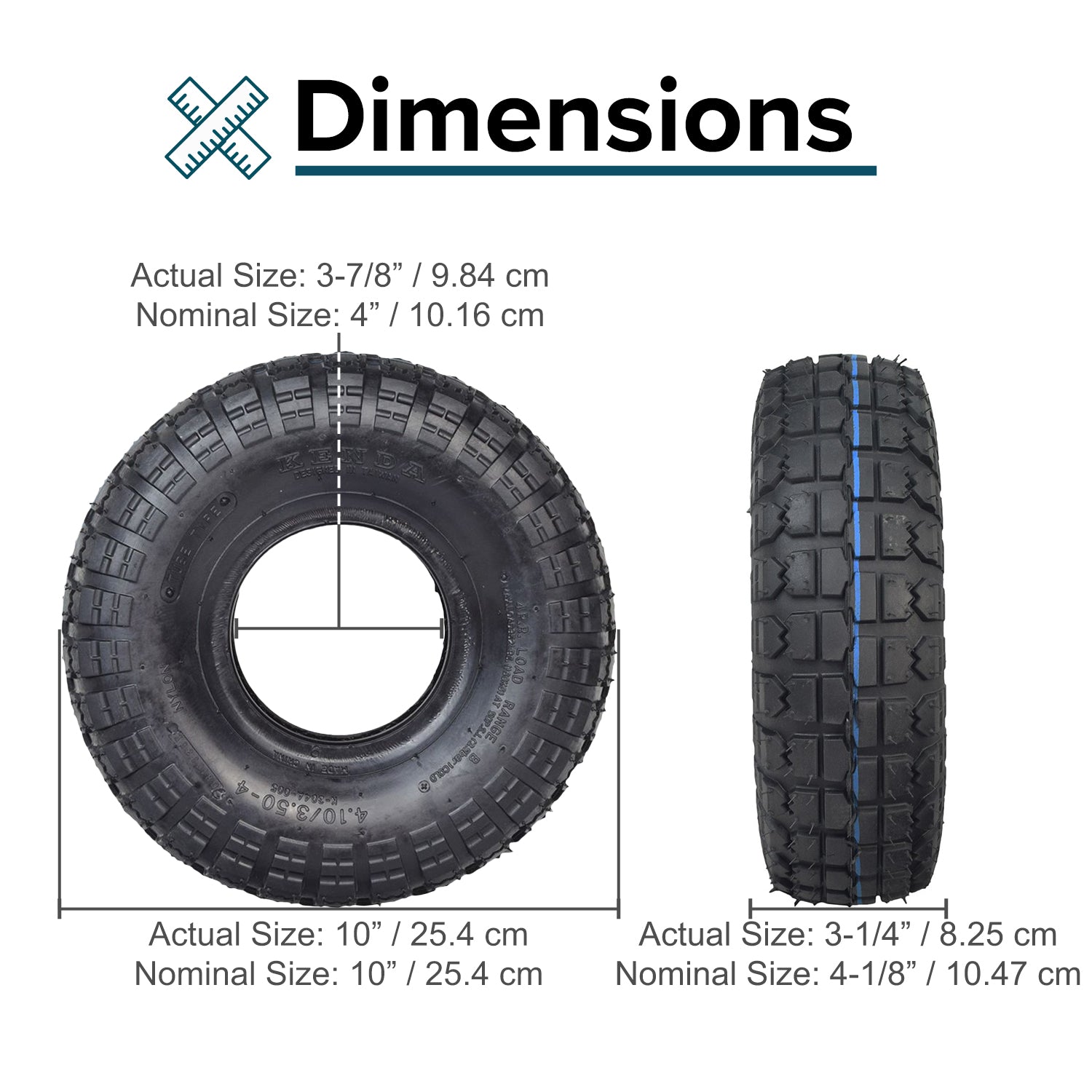 4.10/3.50-4 Scooter & Mini ATV Tire with Knobby Tread, featuring a close-up view of the tire's knobby tread pattern; available with or without an inner tube.