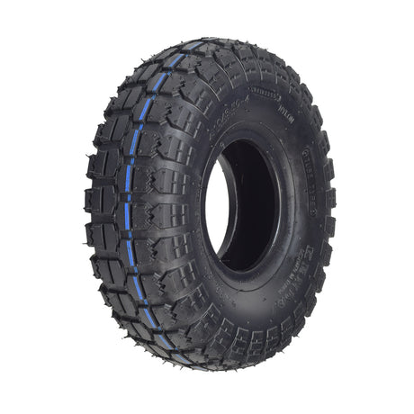 4.10/3.50-4 Scooter & Mini ATV Tire with Knobby Tread, featuring blue lines on a black surface, designed for optimal performance and durability in scooters, go-karts, and mini ATVs.