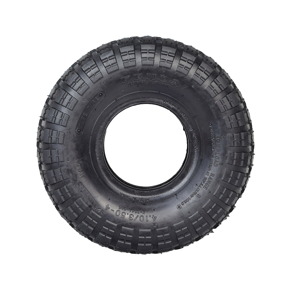 4.10/3.50-4 Tire and Tube Set with Knobby Tread for Scooters and Mini ATVs, featuring a black tire with a central hole and aggressive knobby tread pattern.