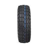 4.10/3.50-4 Scooter & Mini ATV Tire with Knobby Tread, featuring a blue stripe, close-up view highlighting its durable rubber and detailed tread pattern.