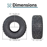 145/70-6 Tire with Knobby Tread for the Massimo MM-MB100 Mini Bike, shown with detailed measurements and a close-up of its tread pattern, highlighting its capability for diverse terrains.