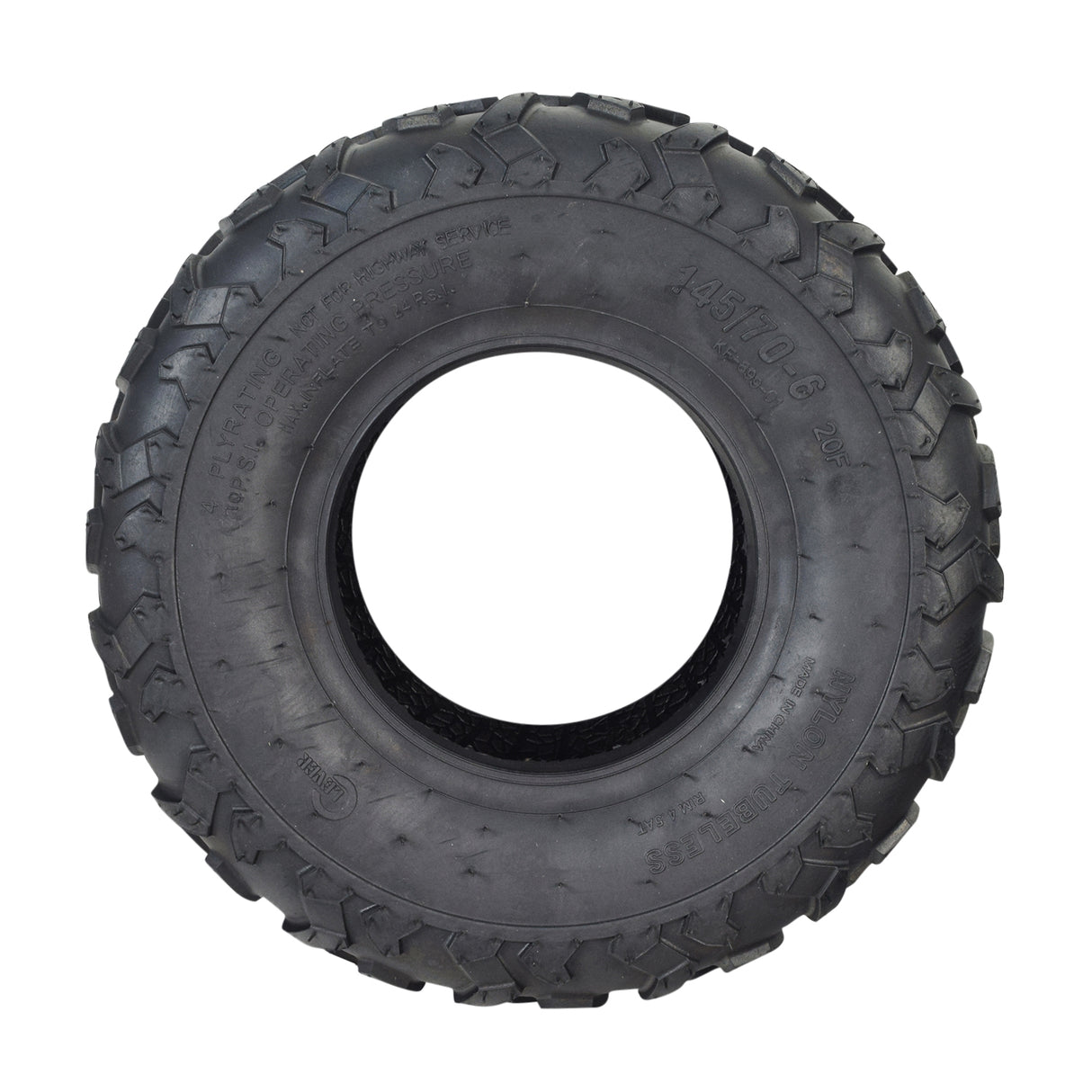 145/70-6 Tire with Knobby Tread for Baja Doodle Bug, Motovox MBX10, MBX11, MBX12 mini bikes; black tire with a circular center and pronounced knobby tread pattern.