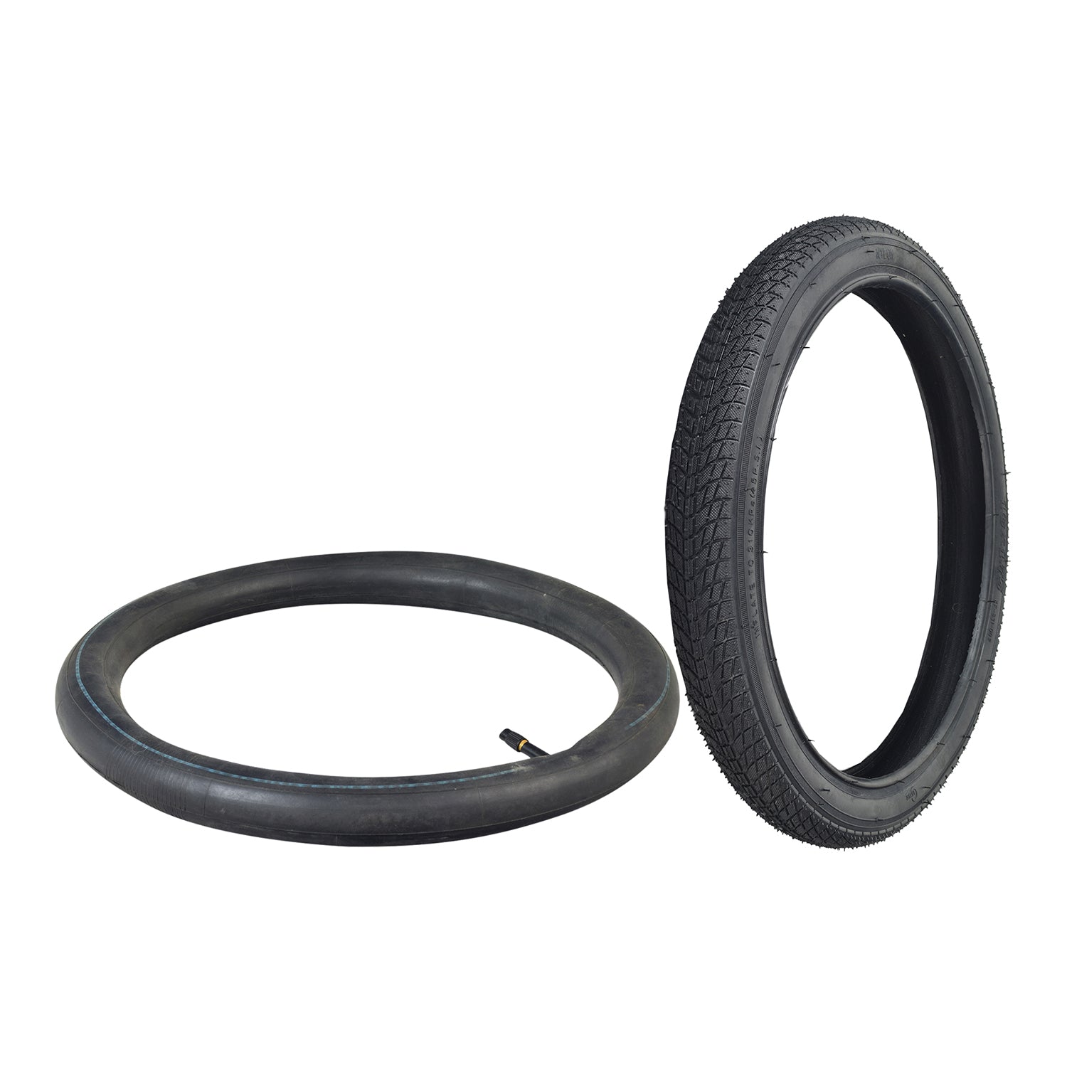 16x1.75 Front Tire for the MotoTec MT-TRK-350 Electric Trike, featuring a black tread with radiating grooves, available with a matching inner tube and straight valve stem.