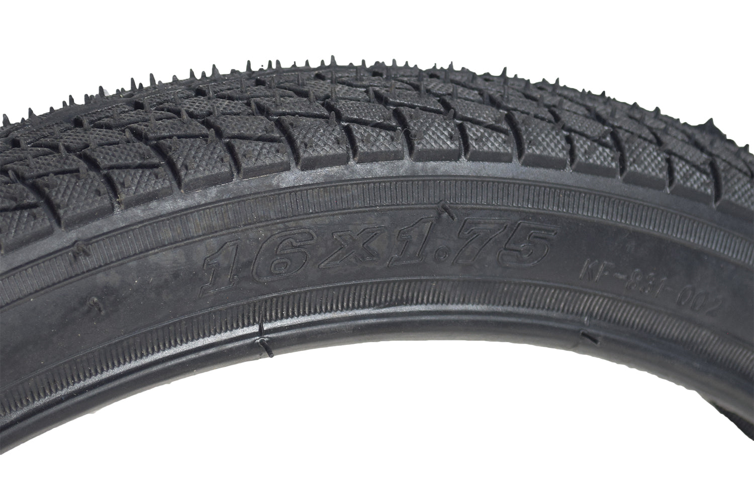 Close-up of the 16x1.75 pneumatic tire for Razor E500S and Rebellion Chopper scooters, showcasing its street tread pattern with radiating shallow grooves for optimal traction.