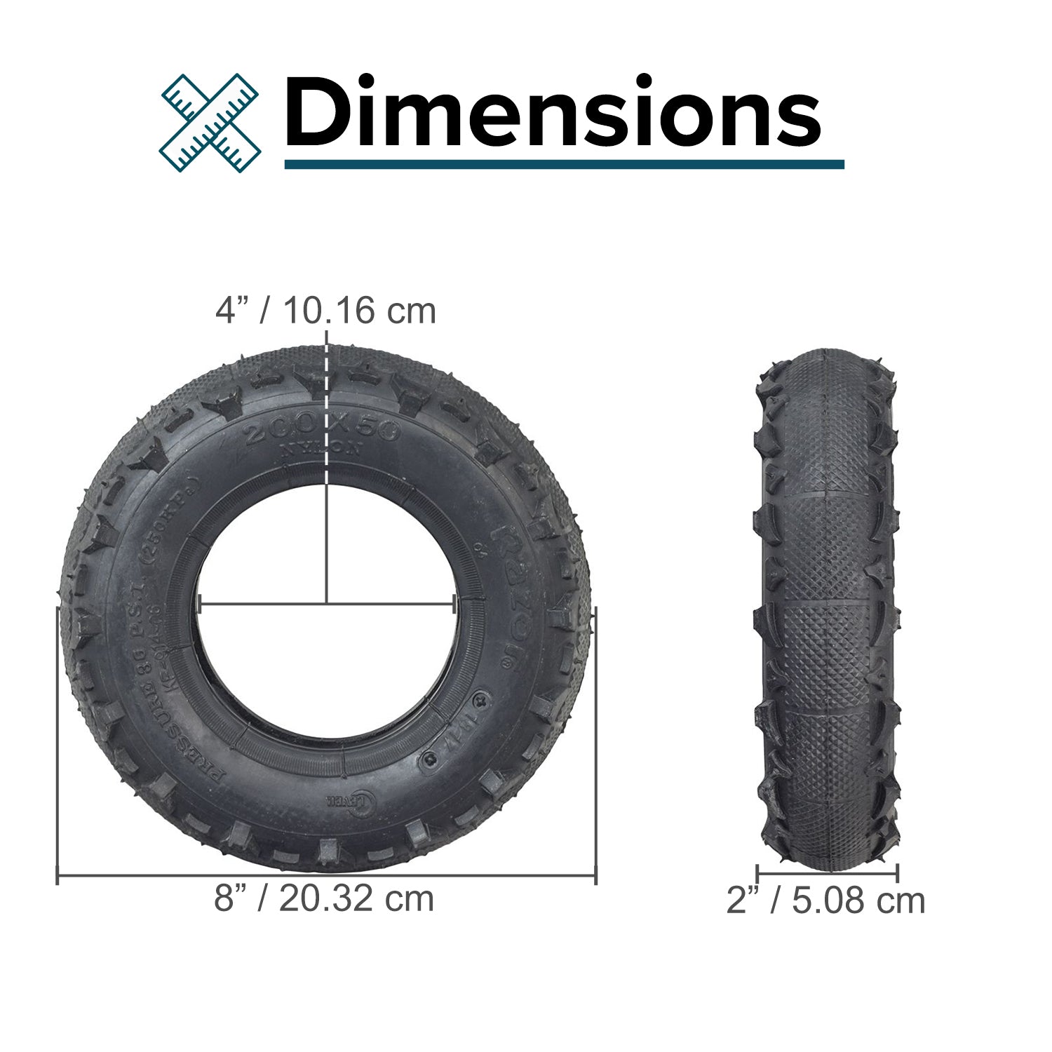 200x50 (8x2) Tire with KF914 Tread for the Razor Dune Buggy, showcasing detailed tread pattern, size comparison, and central hole, suitable for off-road kick scooters. Matching inner tube options available.