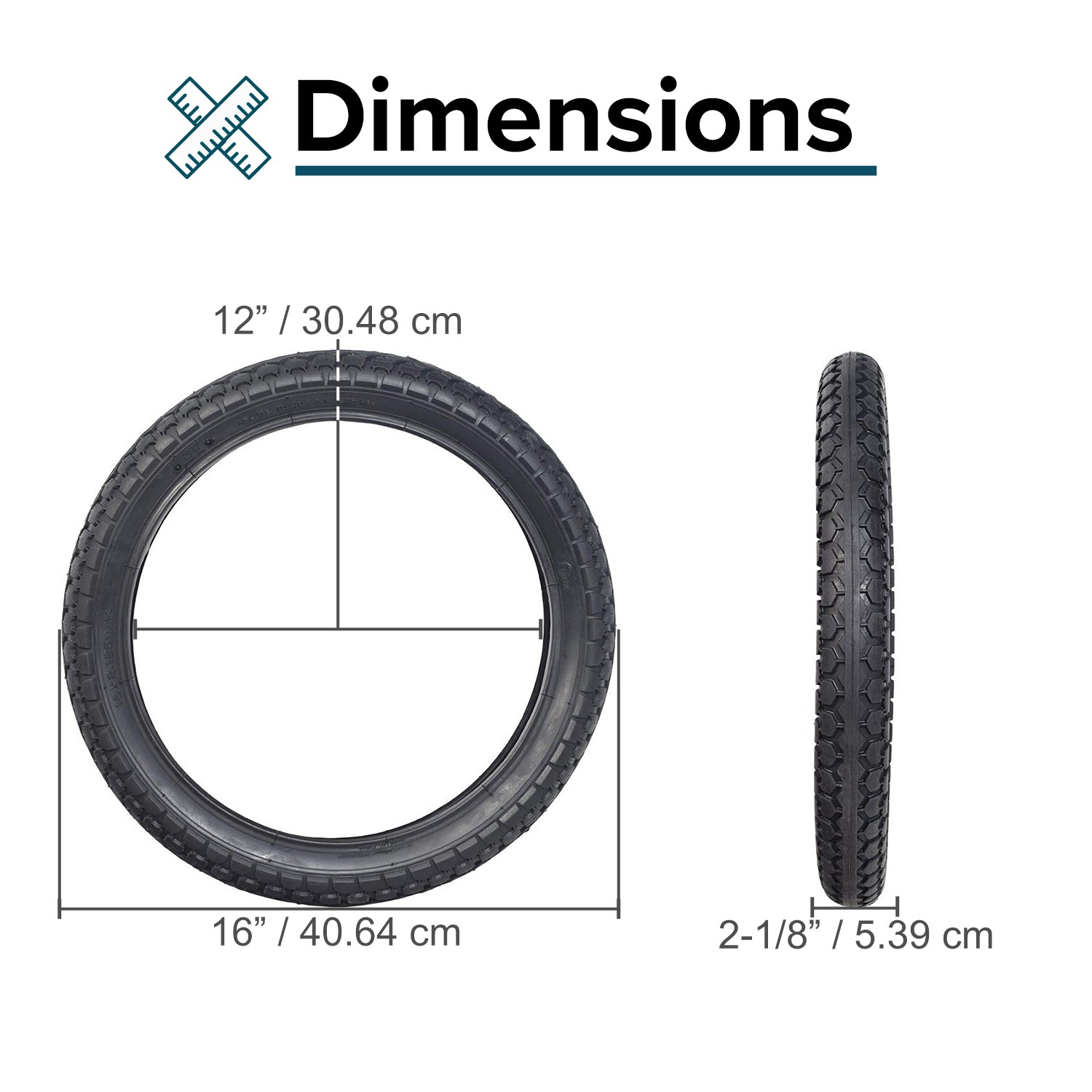 16x2.125 Tire for Razor iMod, EcoSmart Metro Series, & Pocket Mod Bellezza Electric Scooters, showing black tread and size chart for precise measurements.