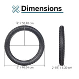 16x2.125 Tire for the Razor DeltaWing, shown with detailed size chart and measurements, close-up of black tread, emphasizing its compatibility for front or rear use on scooters and DeltaWing models.