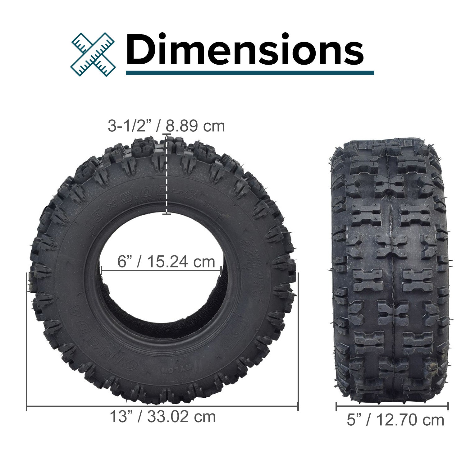 13x5.00-6 ATV, Go-Kart, & Dune Buggy Tire with Q129 Tread, shown with detailed tread pattern and measurement markings, ideal for enhanced grip on off-road surfaces.