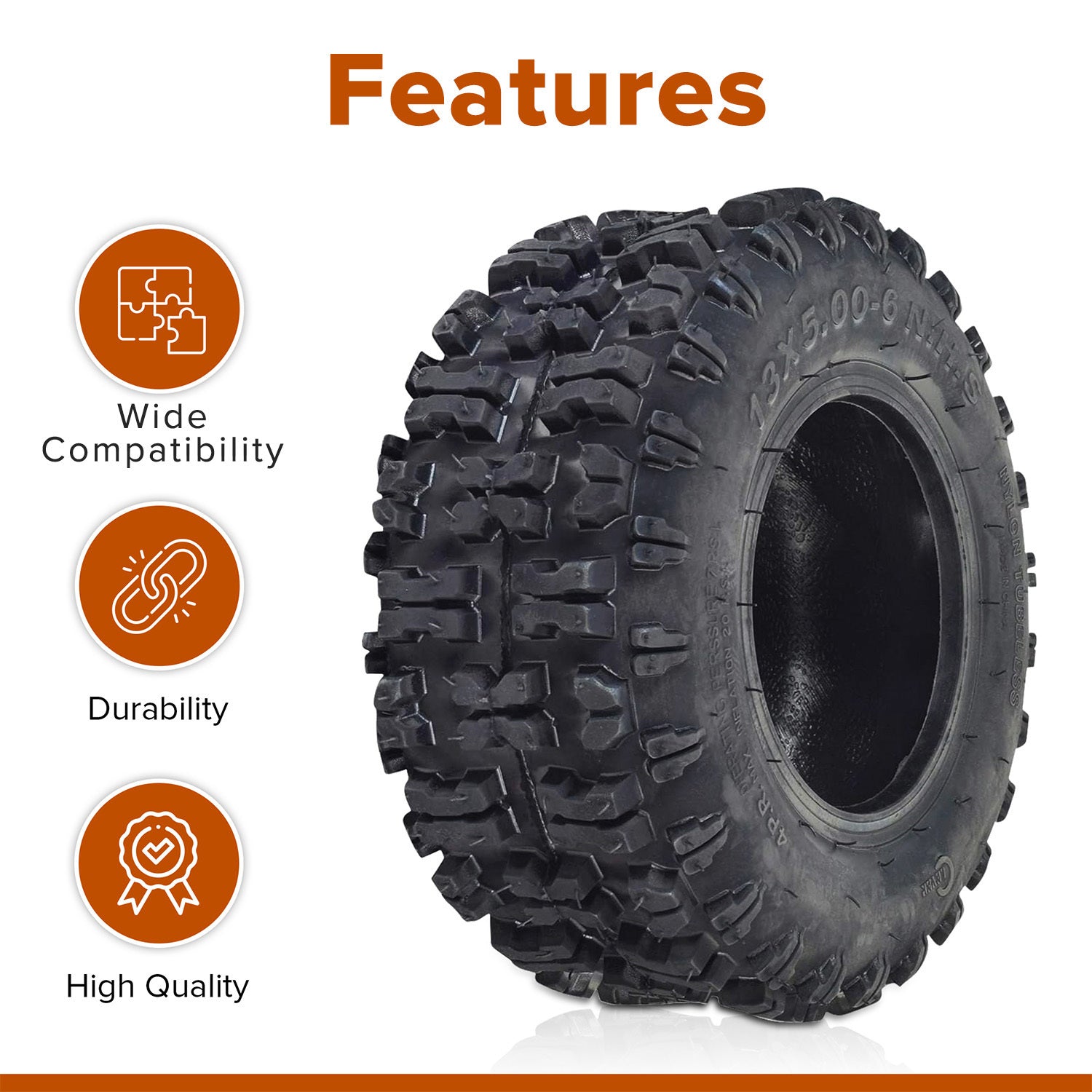 13x5.00-6 ATV, Go-Kart, & Dune Buggy Tire with Q129 Tread, showcasing a black tire with an aggressive tread pattern and black rim, ideal for superior grip on loose surfaces.