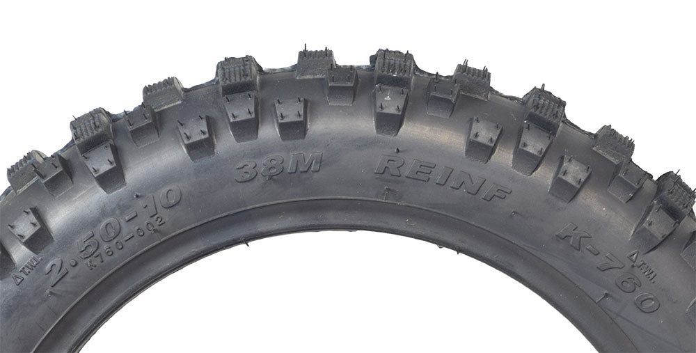 2.50-10 Trakmaster II Dirt Bike Tire with K760 Tread, featuring prominent text on the sidewall and a knobby tread pattern ideal for loose or rough surfaces.