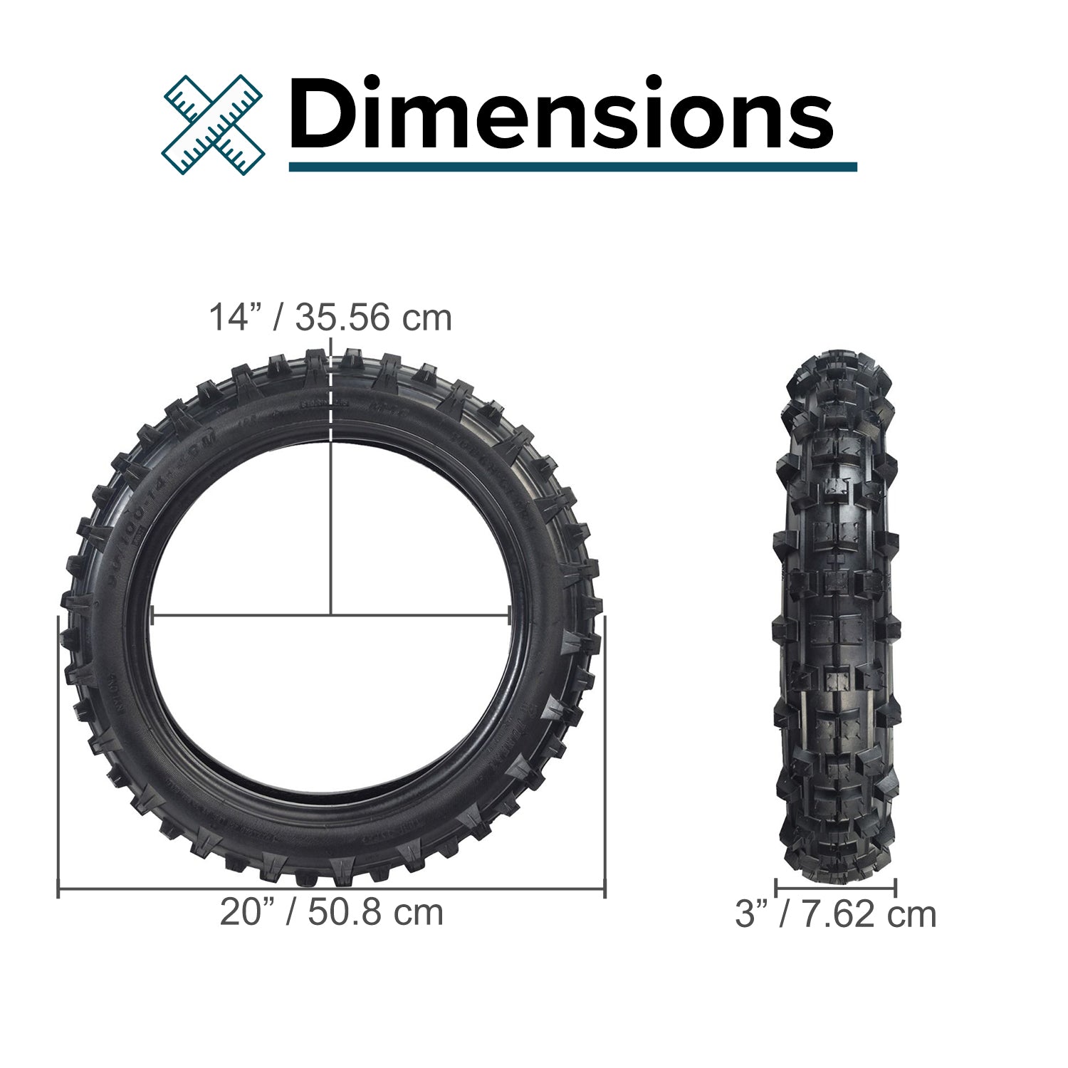 90/100-14 (3.00/4.10-14) rear tire with knobby tread for Baja Dirt Runner (DR90) dirt bike; features deep tread pattern and improved bead and sidewall construction.