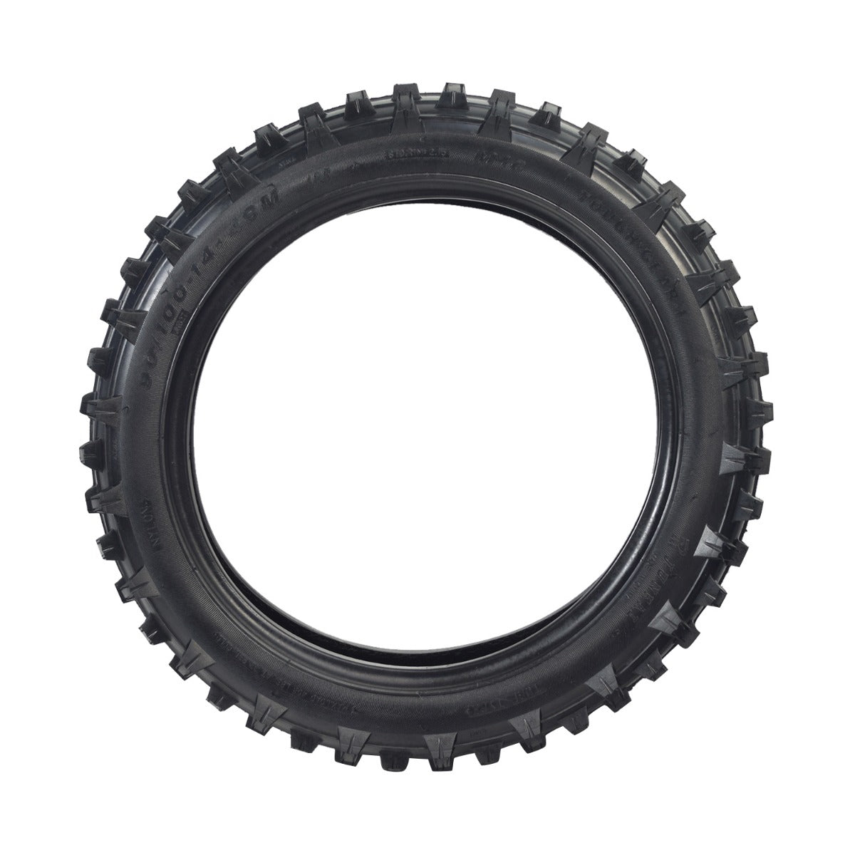 90/100-14 (3.00/4.10-14) Dirt Bike Tire with Knobby Tread, featuring deep spikes and robust sidewall construction, ideal for off-road performance on diverse surfaces like sand, mud, and gravel.